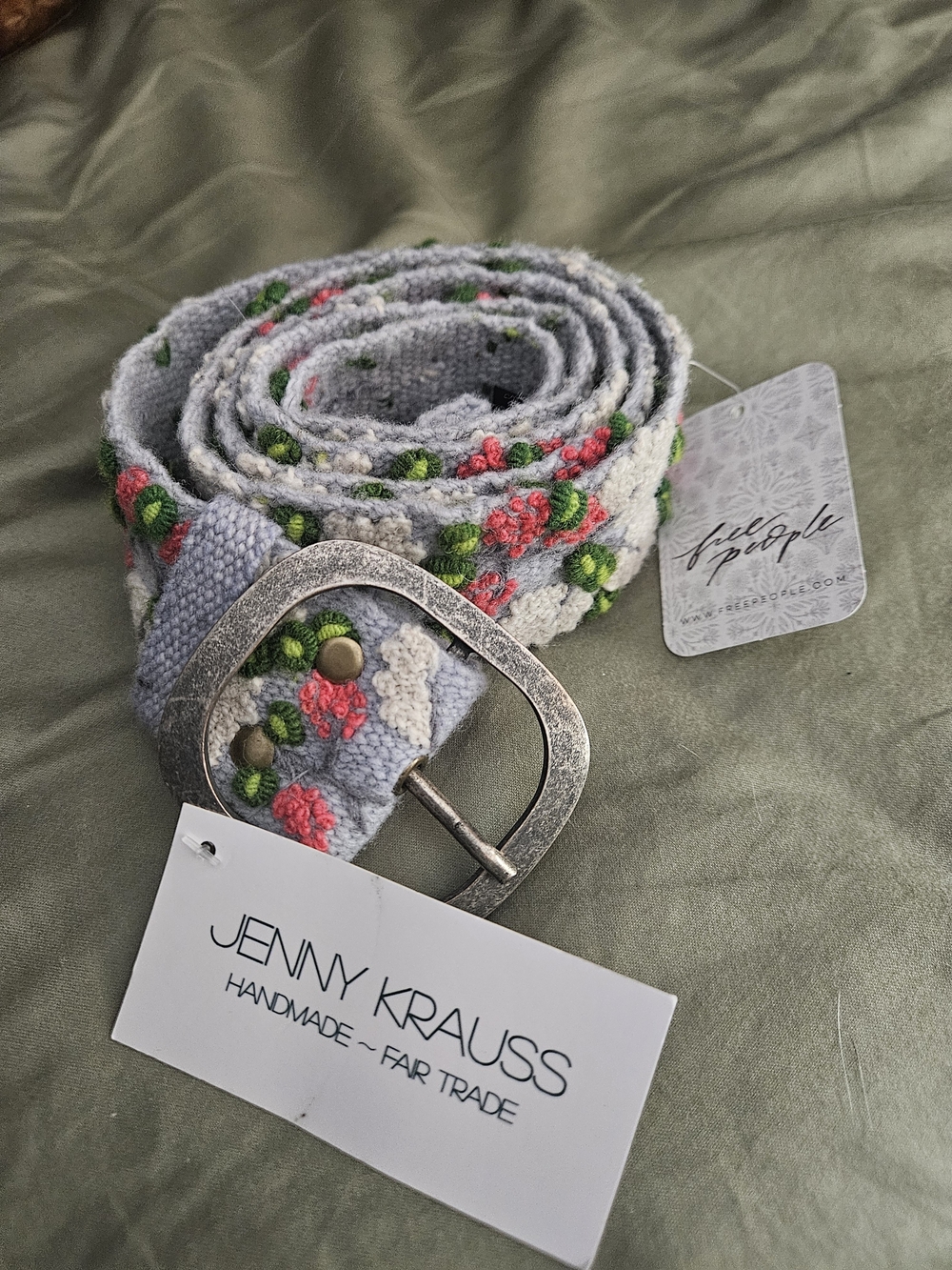 Free People Light Blue Embroidered Floral Belt. Hyacinth By Jenny Krauss.